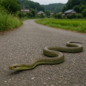 農道に現れたアオダイショウ