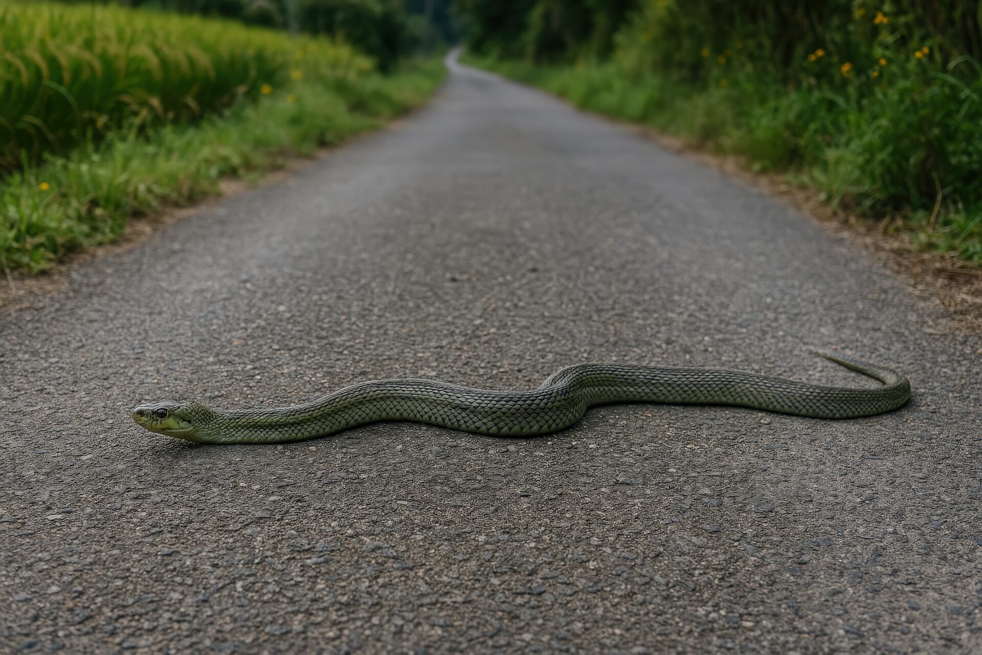 舗装路を横切るアオダイショウ
