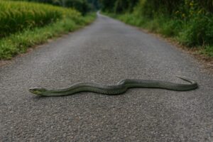 舗装路を横切るアオダイショウ