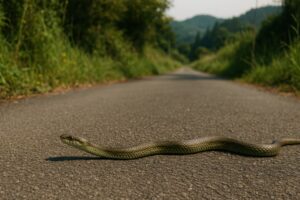 アスファルトにいるアオダイショウ