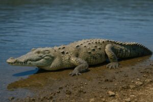 川を眺めているワニ
