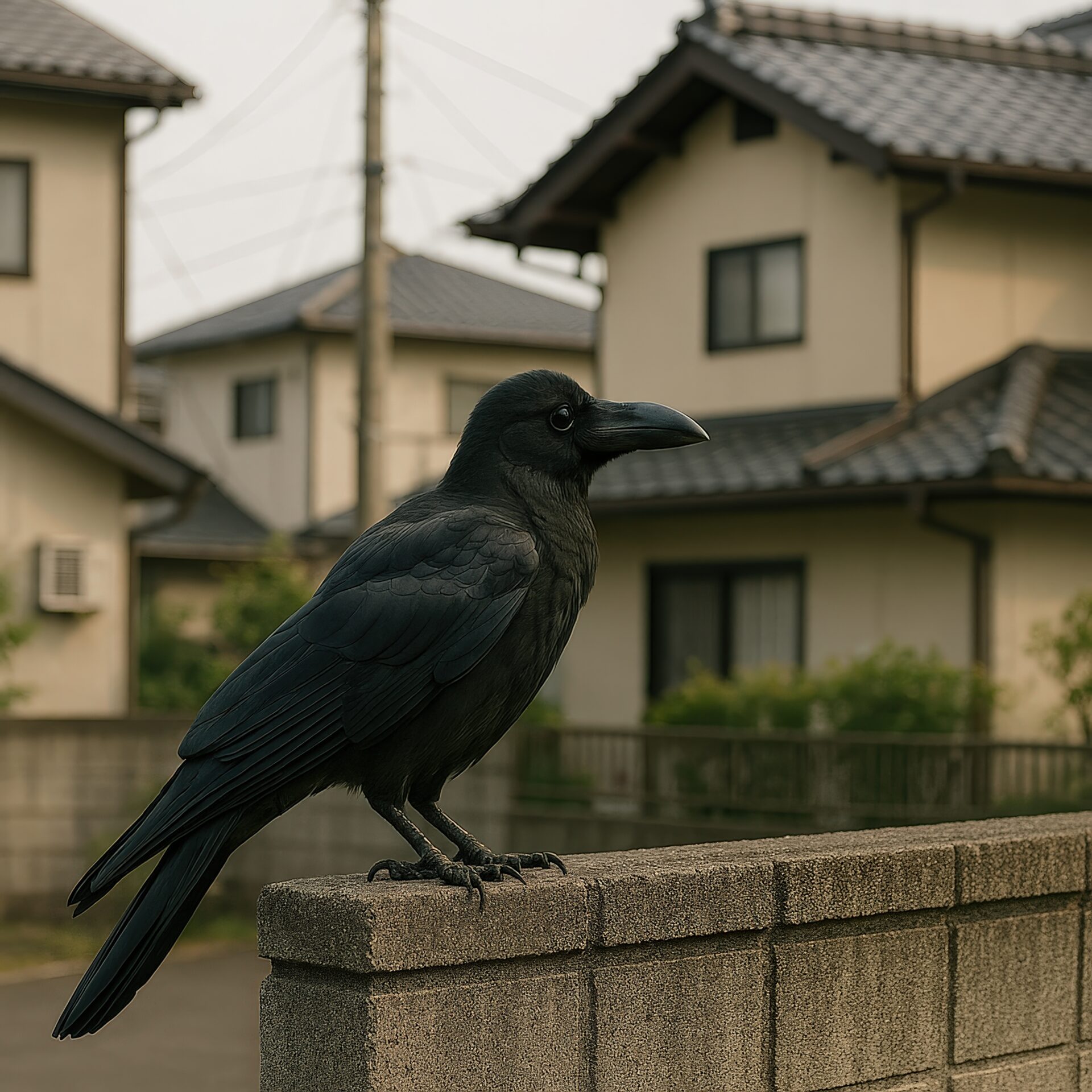 塀の上のカラスと住宅街