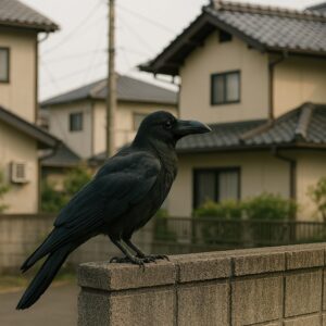 塀の上のカラスと住宅街
