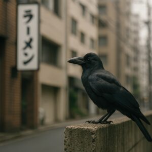 都会のカラスとラーメン看板