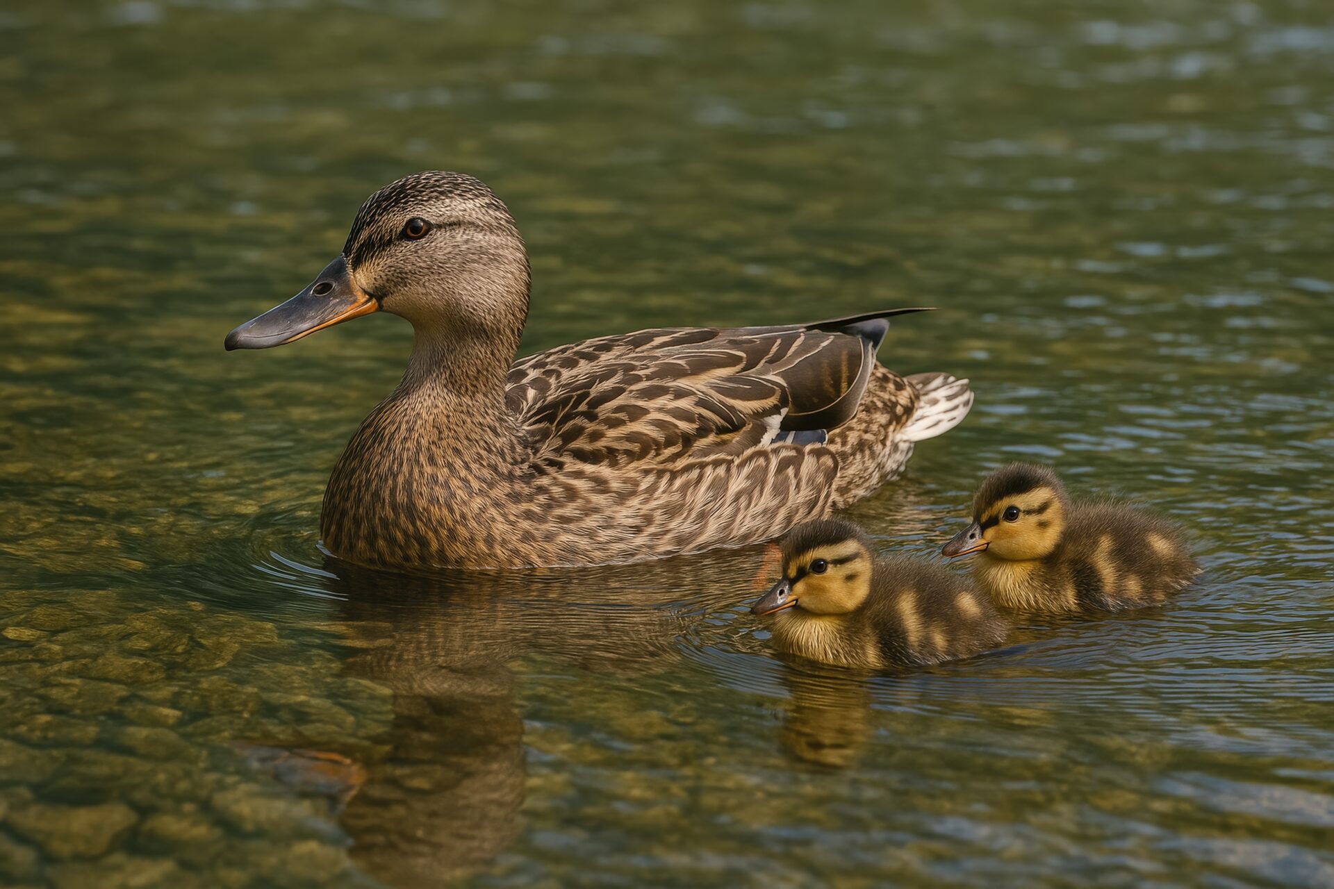 川で泳ぐマガモ親子