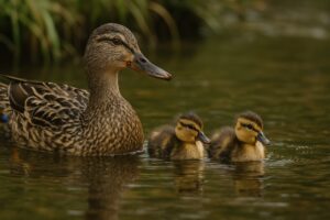 草のそばを泳ぐマガモ親子
