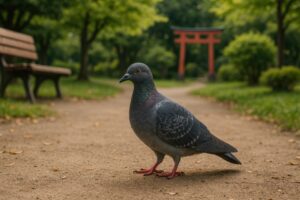 鳥居のある公園を歩くカワラバト