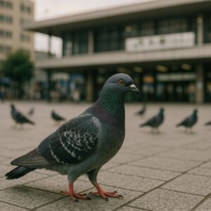 駅前の広場に立つカワラバト