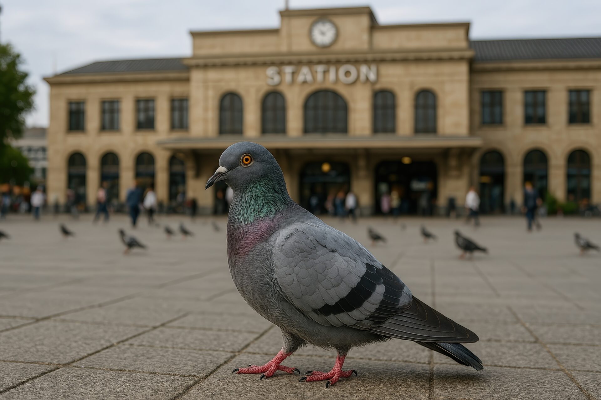駅前のカワラバトと駅舎