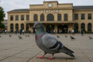 駅前のカワラバトと駅舎
