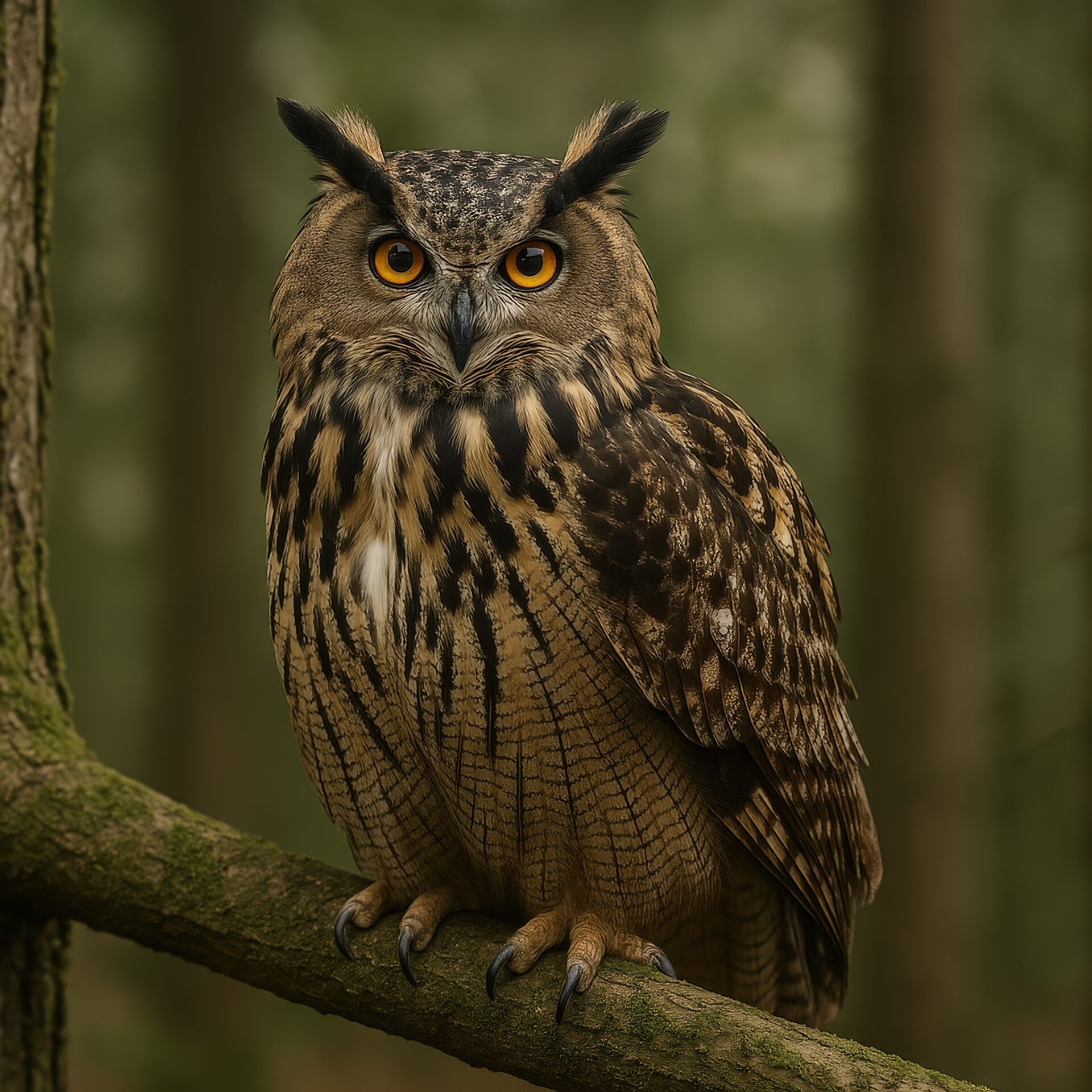 枝に止まるワシミミズクのポートレート