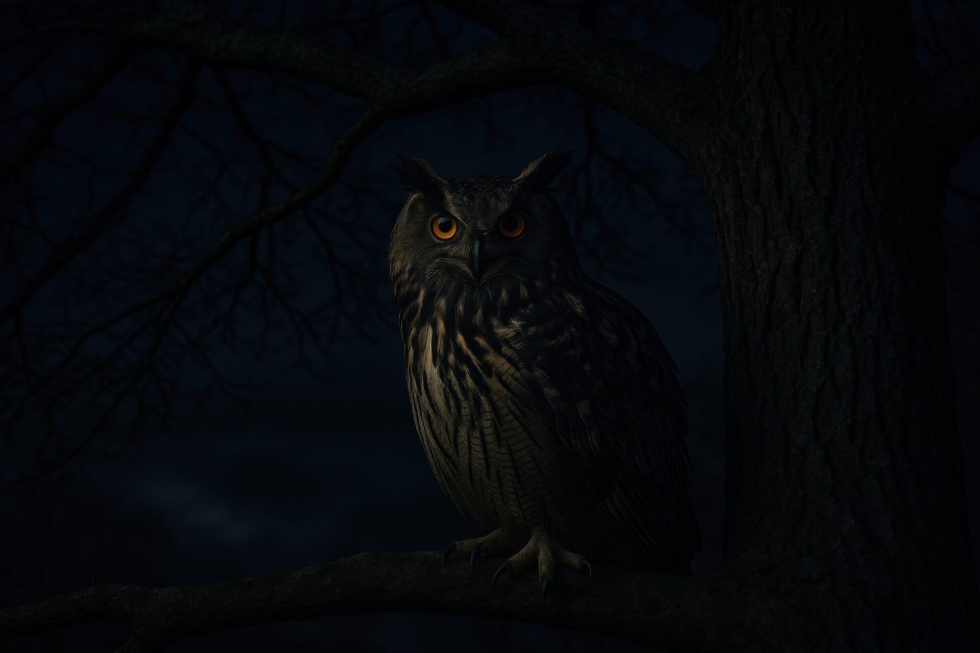 夜の森に佇むワシミミズク
