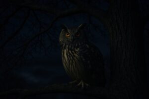 夜の森に佇むワシミミズク