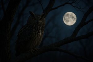 月夜の枝にとまるワシミミズク