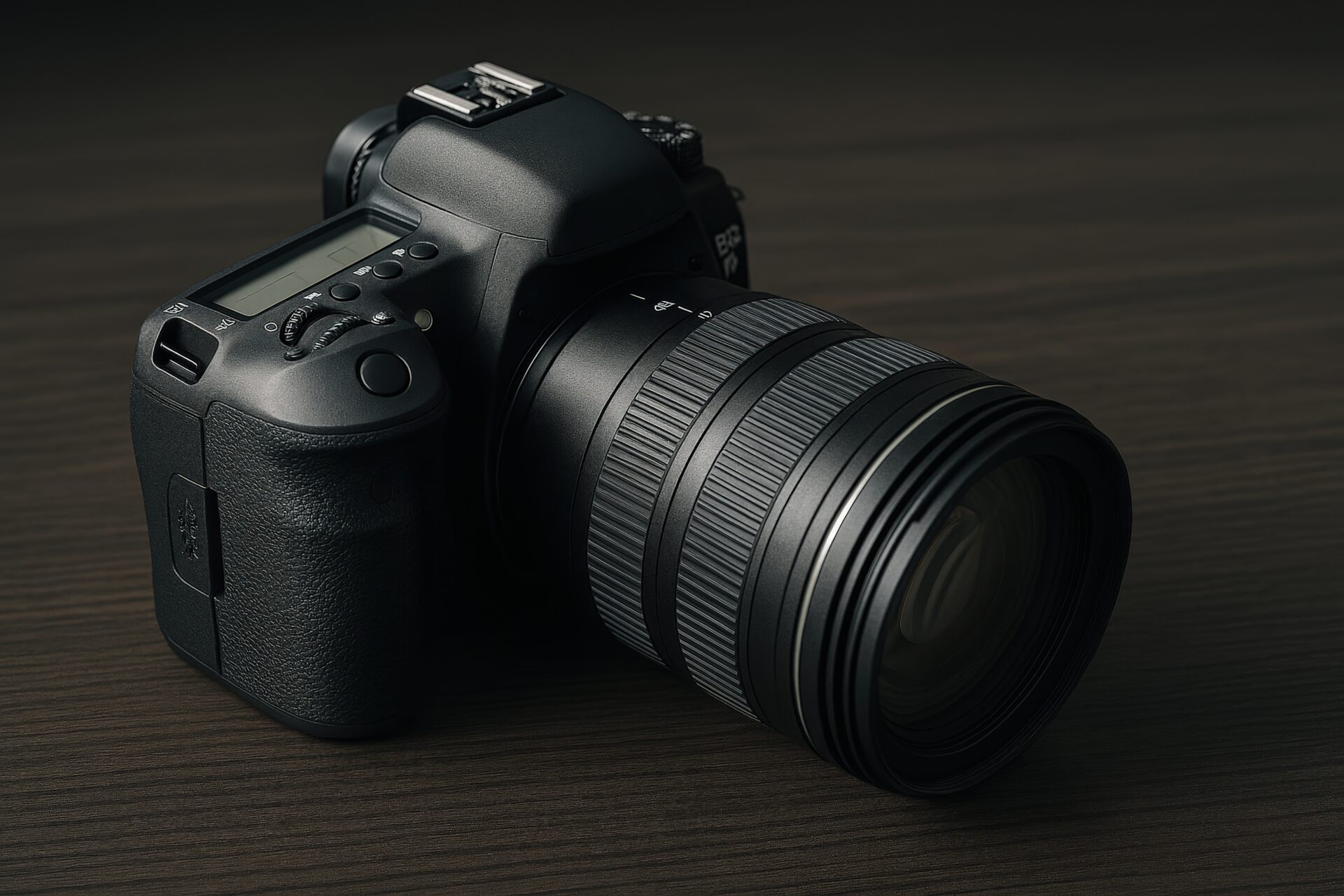 一眼レフカメラの上部ビュー（木目背景）