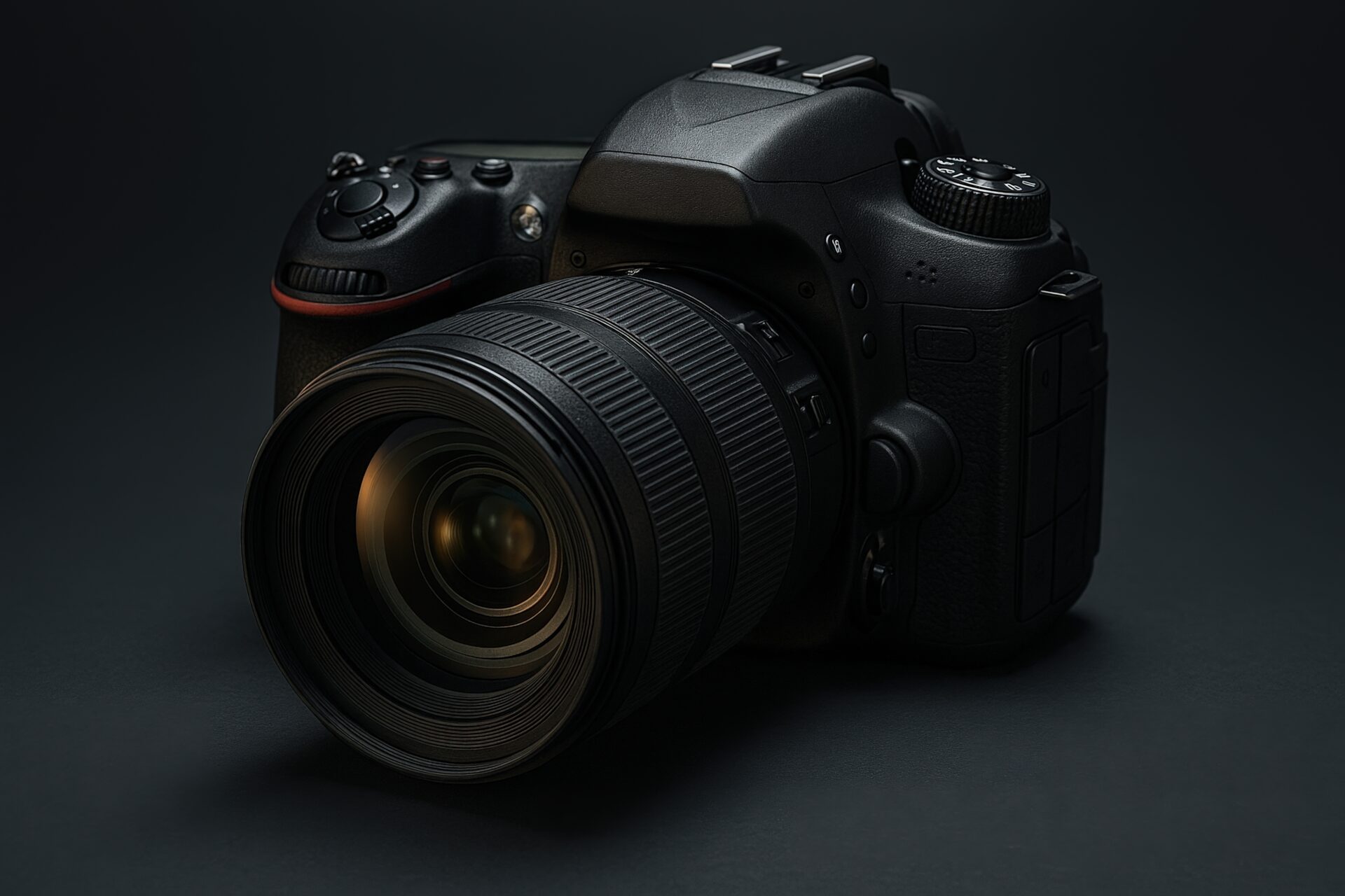 一眼レフカメラの斜めビュー（黒背景）