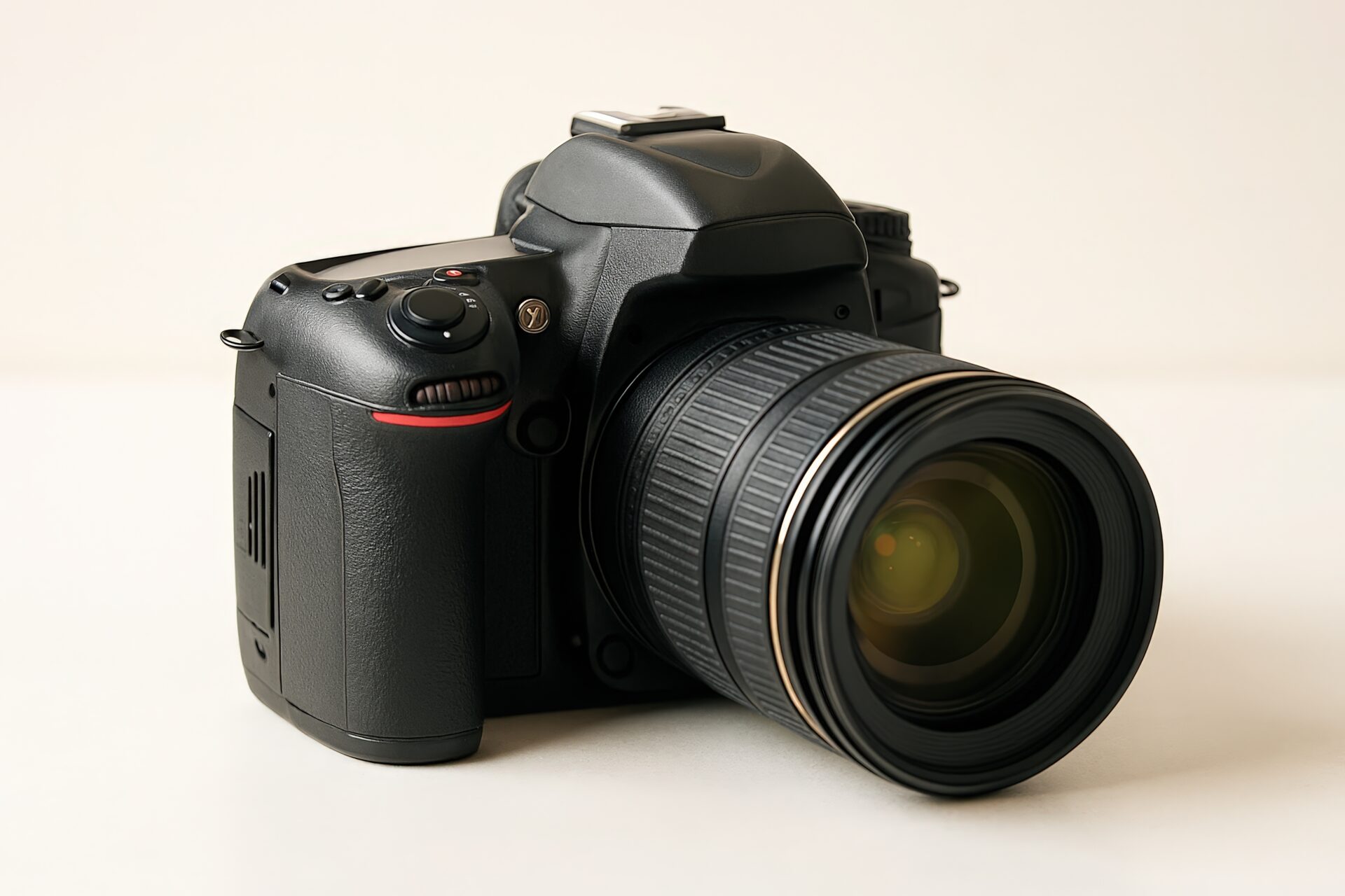 一眼レフカメラのレンズアップ（明るい背景）