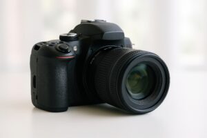一眼レフカメラの明るい背景クローズアップ