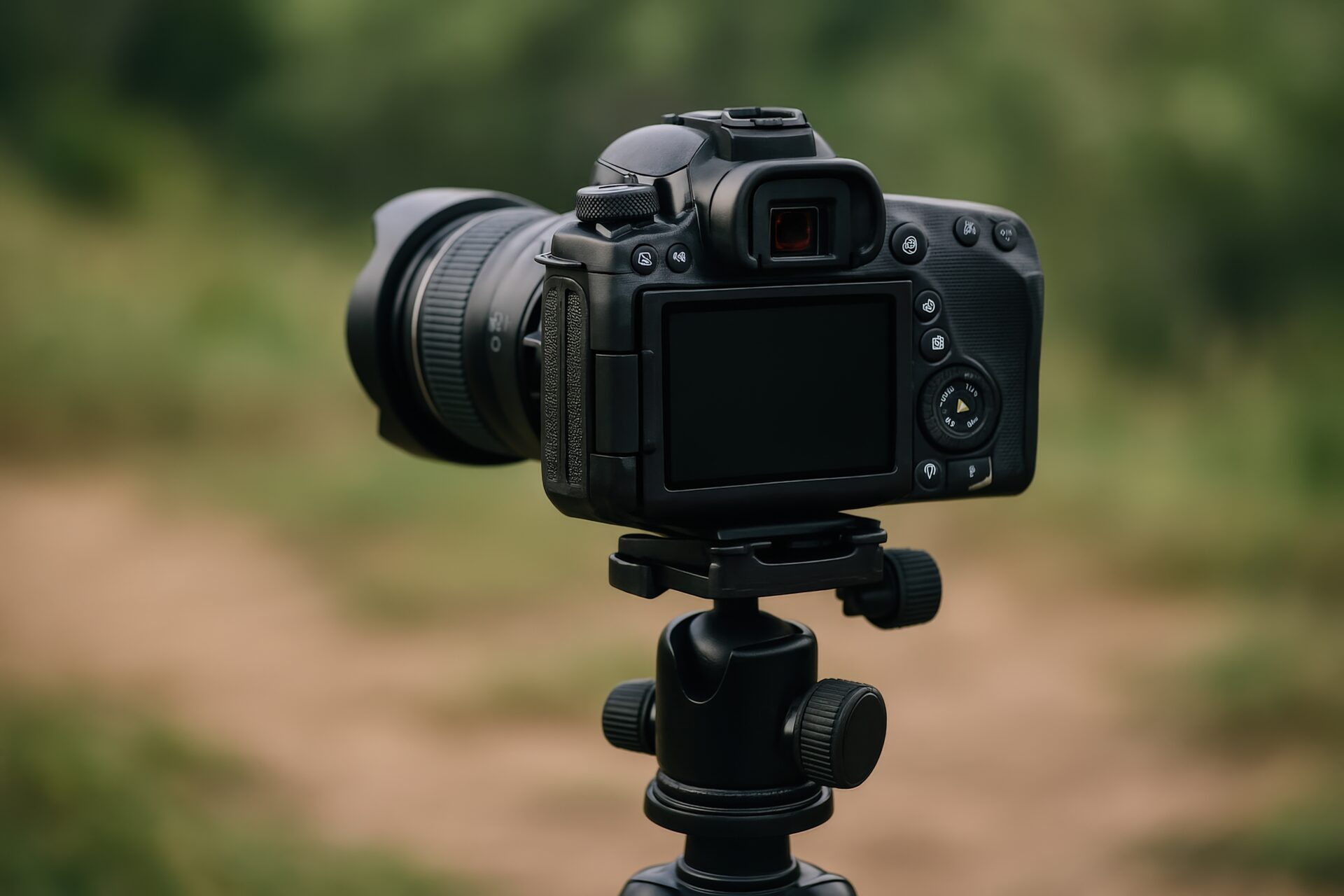 一眼レフカメラの背面（屋外・三脚使用）