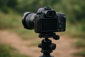 一眼レフカメラの背面（屋外・三脚使用）