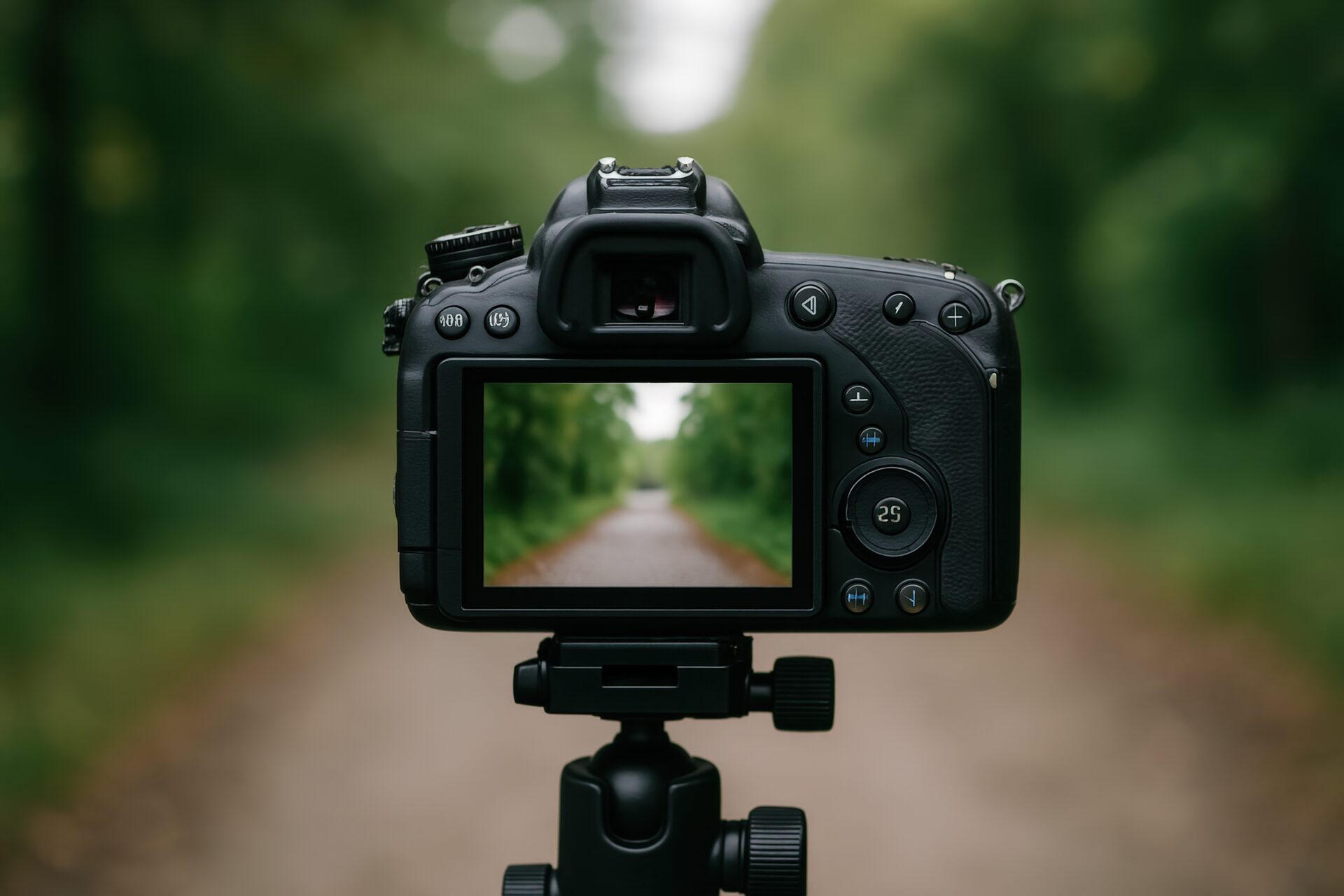 一眼レフカメラの液晶に映る林道（屋外）