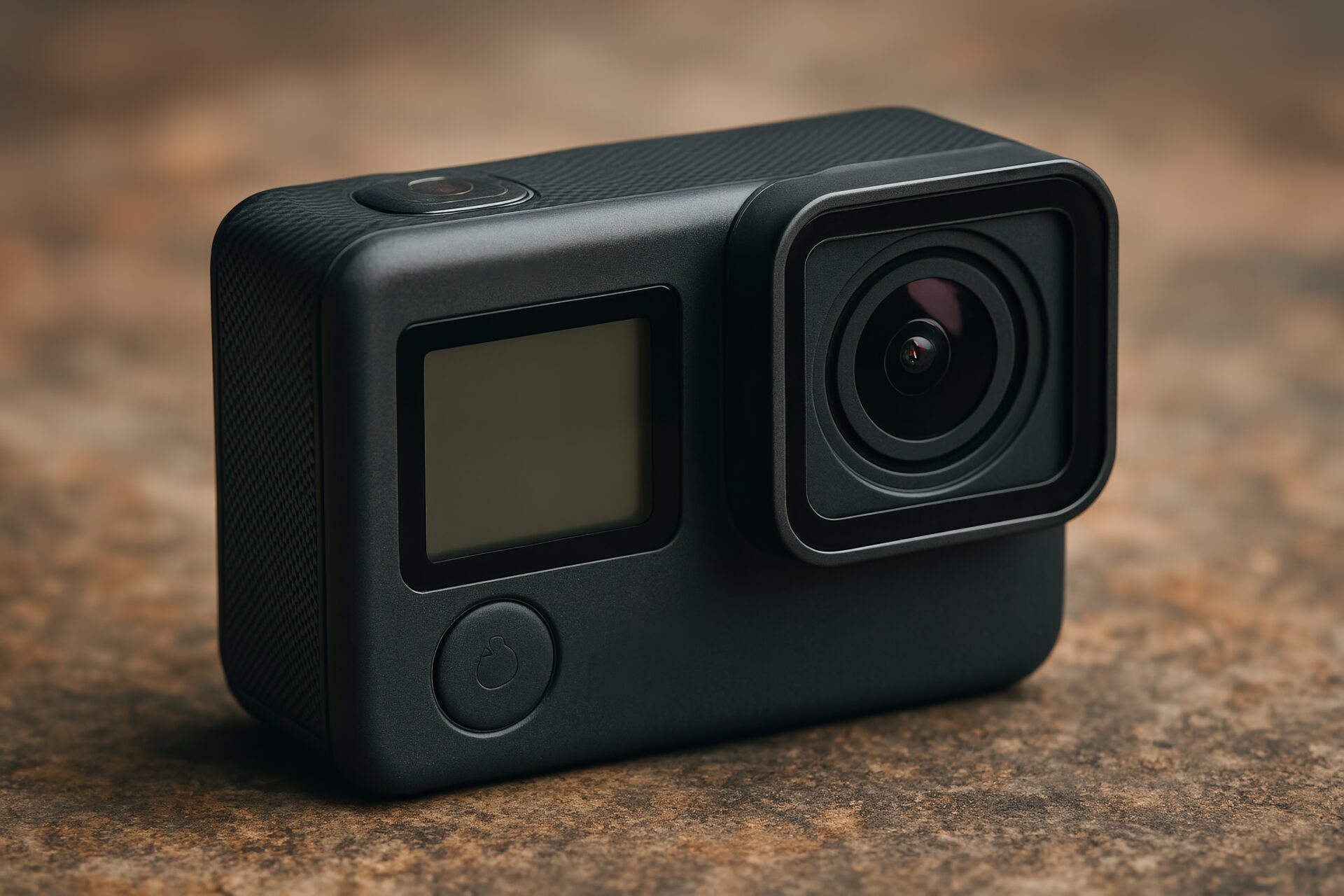 アクションカメラのクローズアップ（茶色背景）