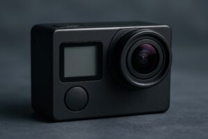 アクションカメラのクローズアップ（黒背景）