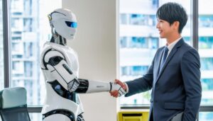 ビジネスマンとロボットが握手する場面