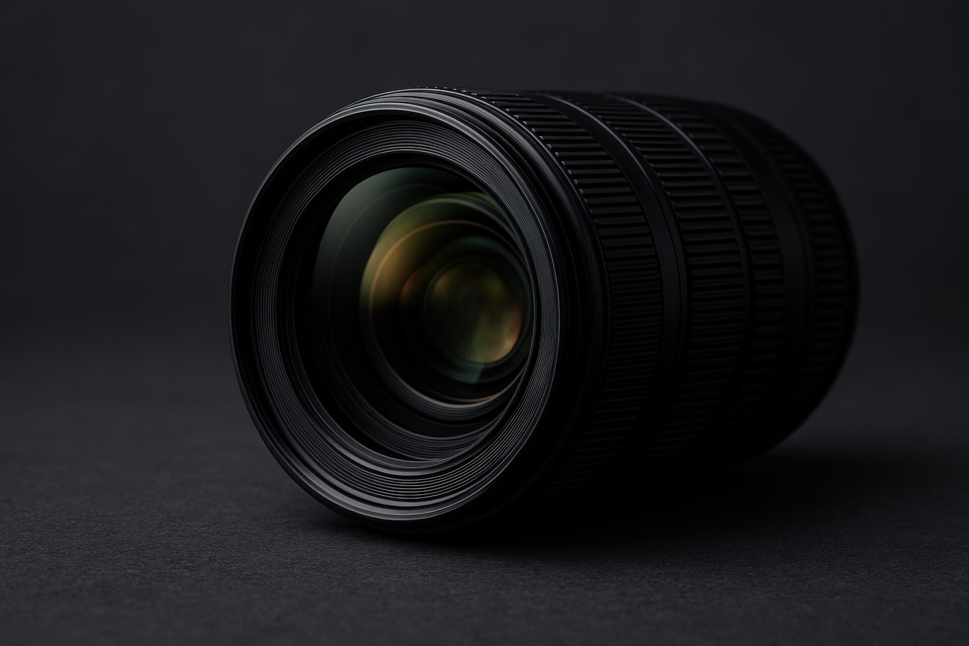 暗背景でのカメラレンズの斜め構図