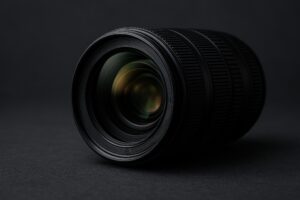 暗背景でのカメラレンズの斜め構図