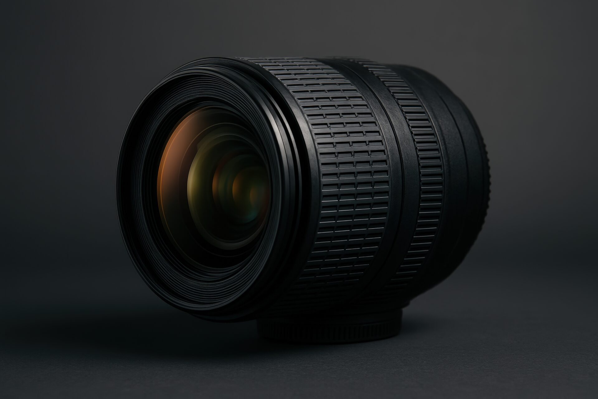 斜め横から見たカメラレンズ（グレー背景）