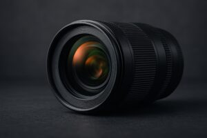 暗い背景のカメラレンズとガラスの輝き