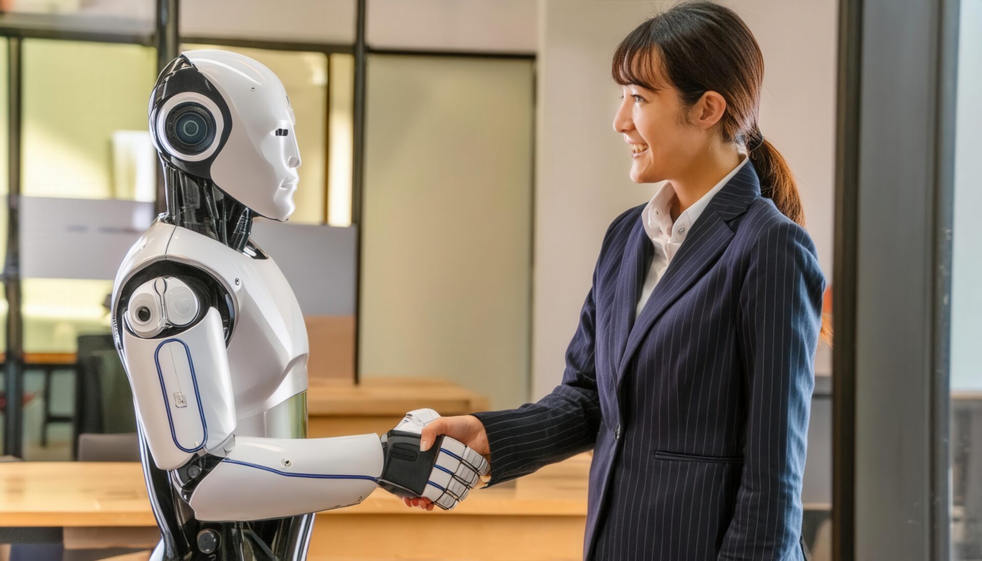笑顔で握手する女性とロボット