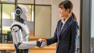 笑顔で握手する女性とロボット