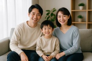 リビングで微笑む家族