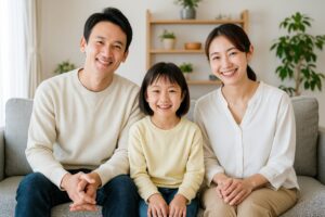 娘とソファで過ごす家族