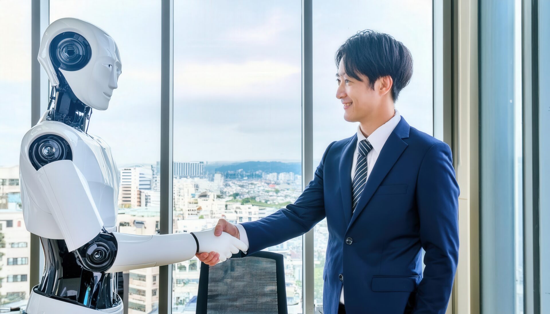 笑顔で握手する男性とロボット