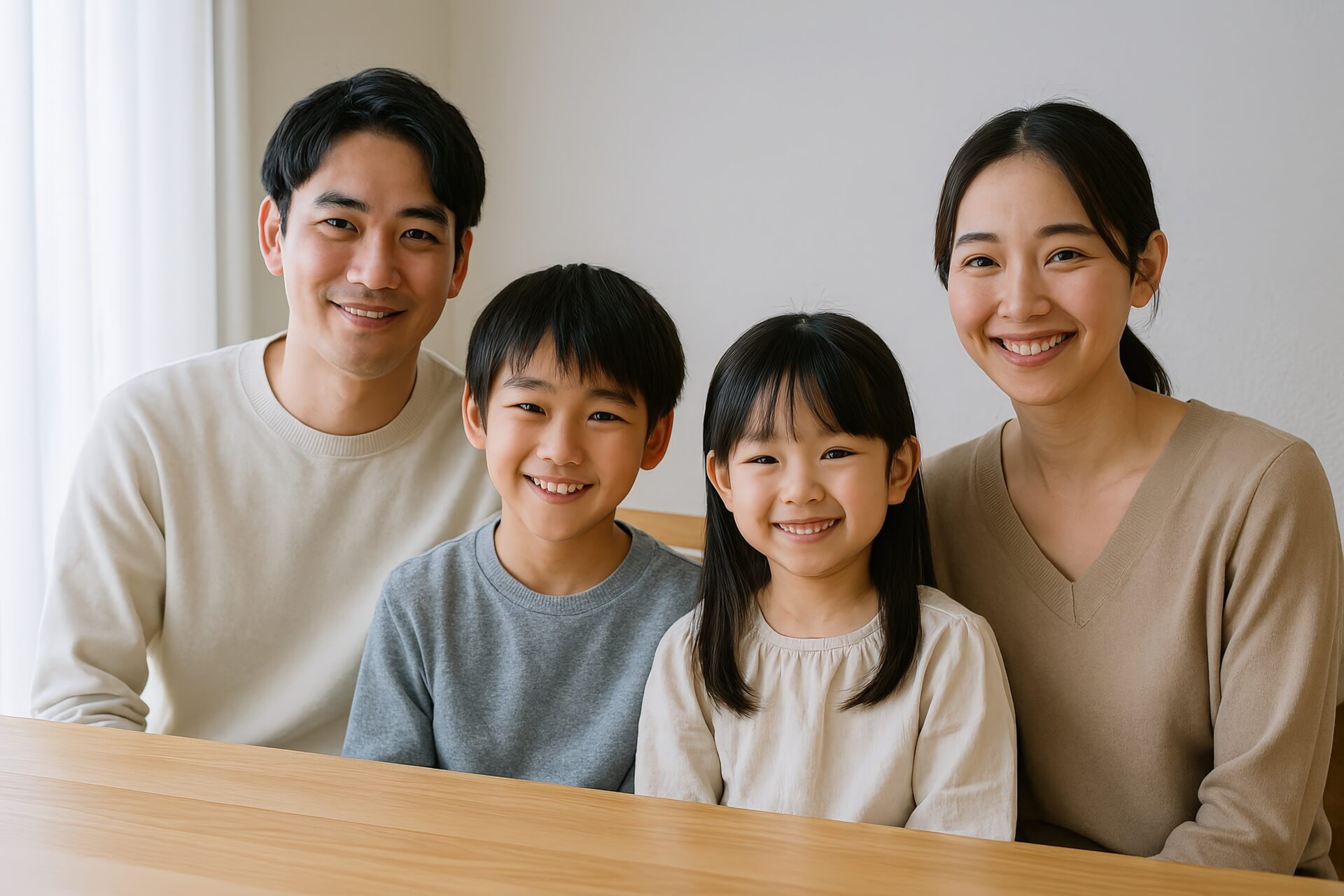 明るい部屋でくつろぐ家族