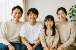 ソファで笑顔の4人家族
