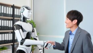 ロボットとビジネスマンが握手するオフィス