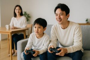 室内でゲームを楽しむ親子
