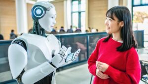 ロボットと女性が会話する近未来の風景