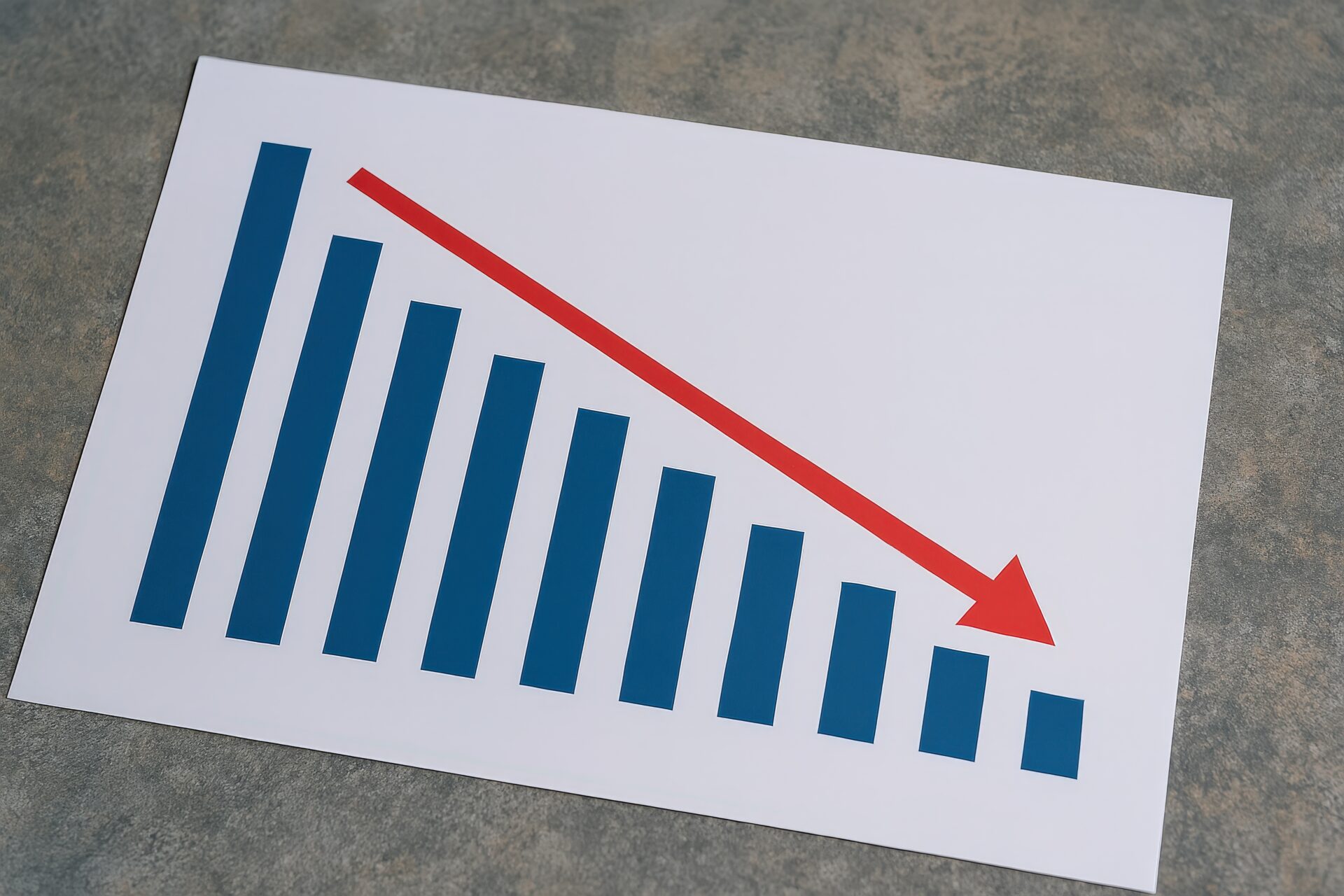 青棒グラフと赤矢印の下降グラフ