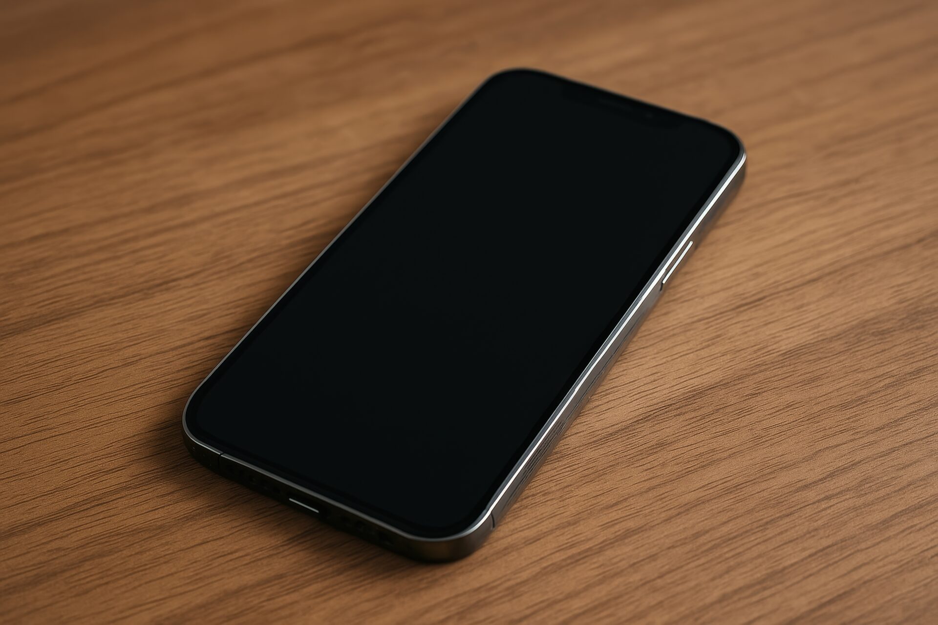 木目のテーブルに置かれたスマートフォン