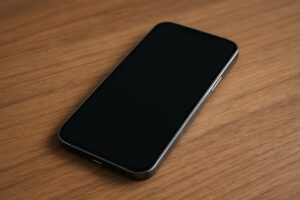 木目のテーブルに置かれたスマートフォン