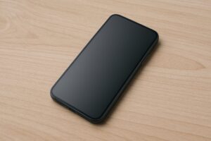 ナチュラルな木目の上のスマートフォン