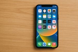 ホーム画面が表示されたスマートフォン（上向き）