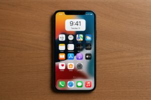 木目テーブル上のスマートフォン（アプリ画面）