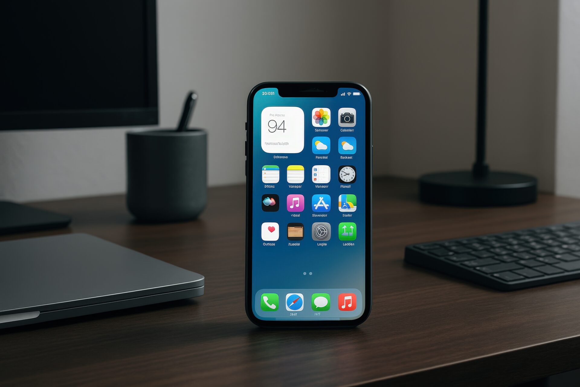 デスク上のスマートフォンとPC周辺機器
