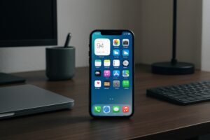 デスク上のスマートフォンとPC周辺機器